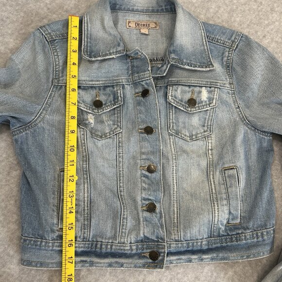 DECREE Juniors L Cropped Denim Jacket Y2K Style Light Wash Factory Distressed - Picture 5 of 11